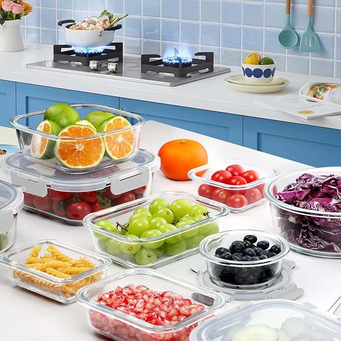 VERONES 30 Pieces Glass Meal Prep Containers Set, Stackable Glass Food Storage Containers with Lids-Airtight Lunch Containers,for Microwave, Oven, Freezer & Dishwasher,White