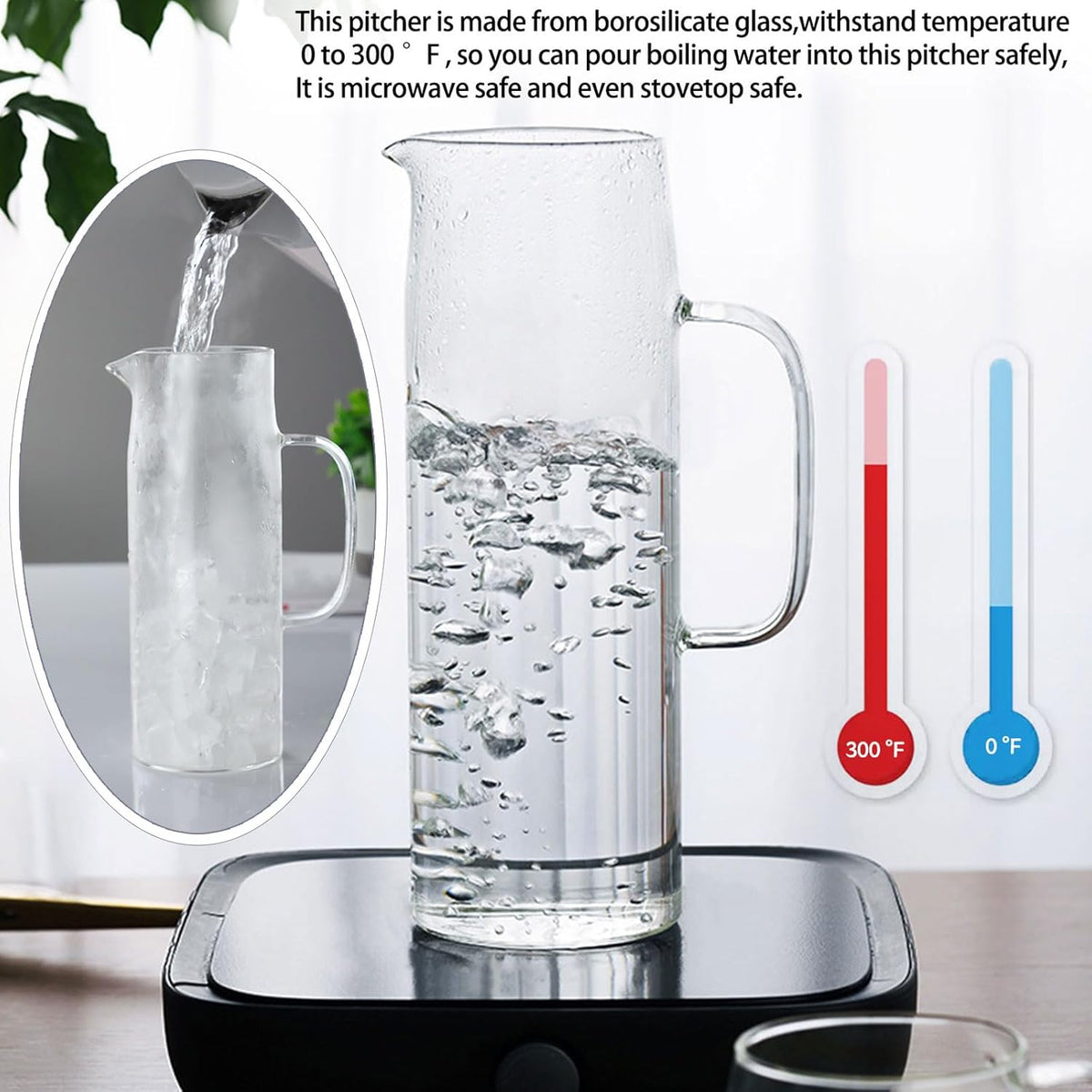 hjn Glass Pitcher with Lid Glass Water Carafe with Handle, Fridge Water Jug Cold or Hot Beverages, Iced Tea, Milk, Juice 1500ml/51oz & aluminium lid