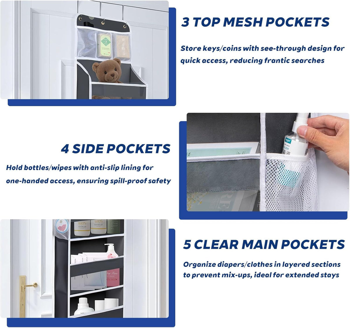 Over The Door Organizer - 6 Capacity Large Pockets & 7 Mesh Compartments, Anti-Tilt Design Holds 44 lbs, for Bathroom, Nursery, Dorm, Pantry & Laundry Storage (Deep Grey)