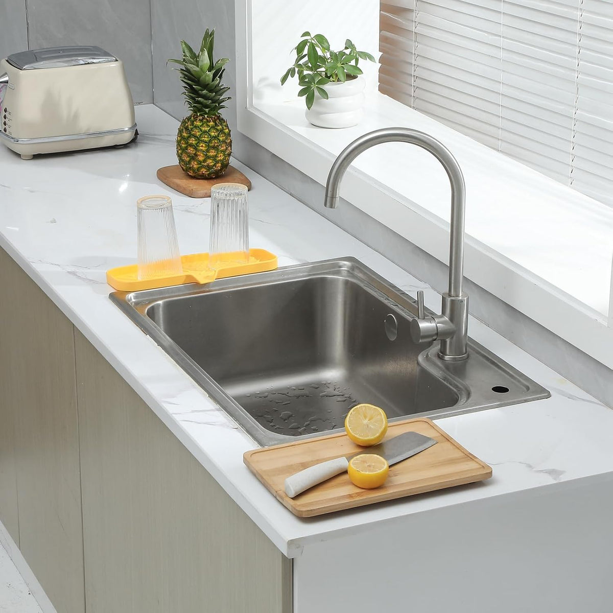 Silicone Bathroom Soap Dishes with Drain Spout-Bathroom and Kitchen Sink Organizer,Sponge Holder,Dish Soap Tray,Perfect for Dispenser,Scrubber,Bottle,Cup on Sink or Counter-Yellow 12"ร4"
