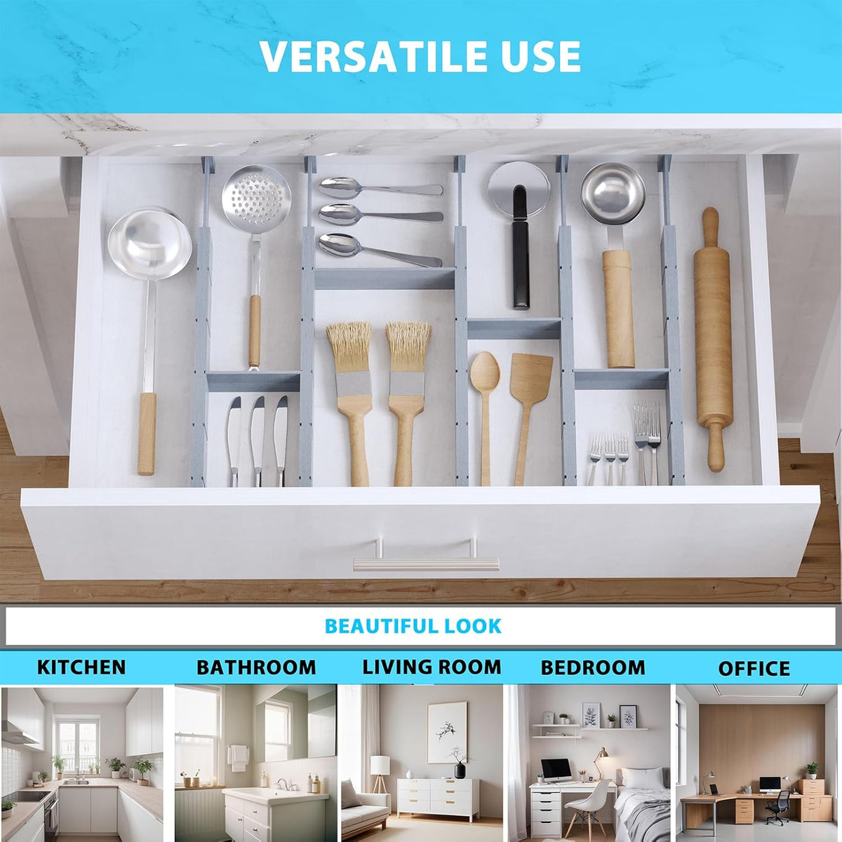 6 Pack Bamboo Drawer Dividers with 12 Inserts, Expandable Adjustable Clothes Drawer Organizers and Storage from 17" to 22" for Kitchen, Bedroom, Dresser, Cosmetics (Gray)