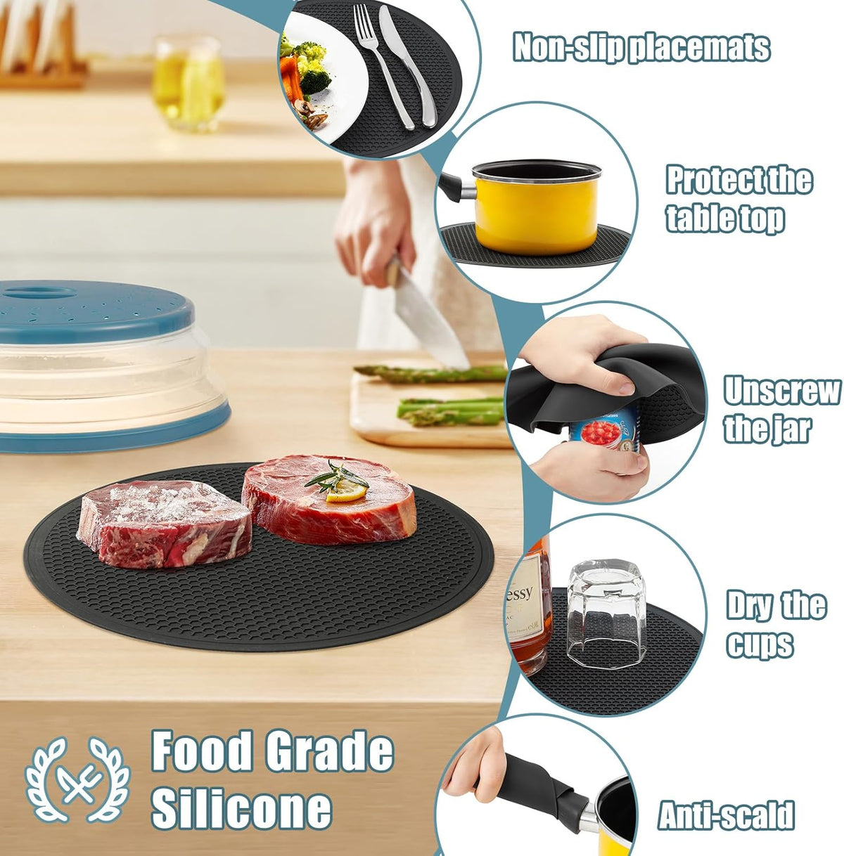 WENWELL Large Microwave Splatter Cover & Silicone Mat,12 Inchs Vented Collapsible Guard dish Plate lid & Round Kitchen mat for food