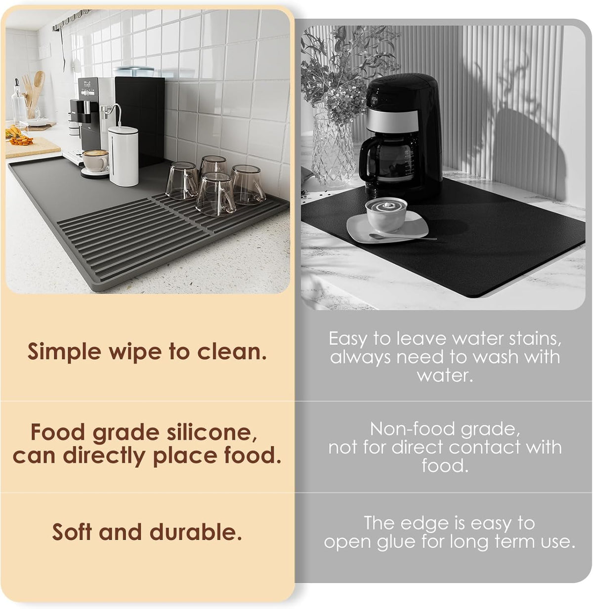 Silicone Coffee Mat with Raised Edges, 24'' x 16'' Bar Mat for Countertops, Fits Under Coffee Maker, Espresso Machine, Dish Drying Mat, Gray