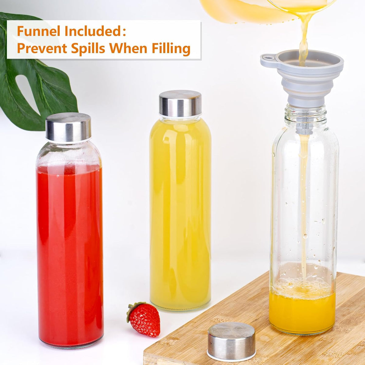 Zukro Glass Water Bottles with Lids 18 oz, 10 Pack Reusable Juice Bottles With Stainless Steel Airtight Cap for Juicing, Leak Proof Clear Drinking Jar Beverage storage container for Fridge, BPA Free