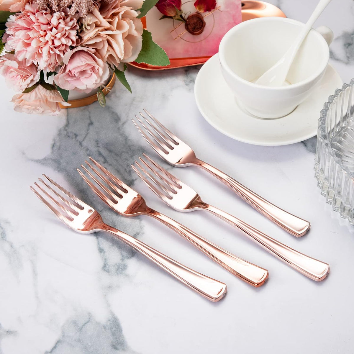 Liacere 200 Pack Rose Gold Disposable Forks - 7.4 Inch Heavy Duty Plastic - Rose Gold Silverware for Catering, Parties, Dinners, Weddings & Mother's Day