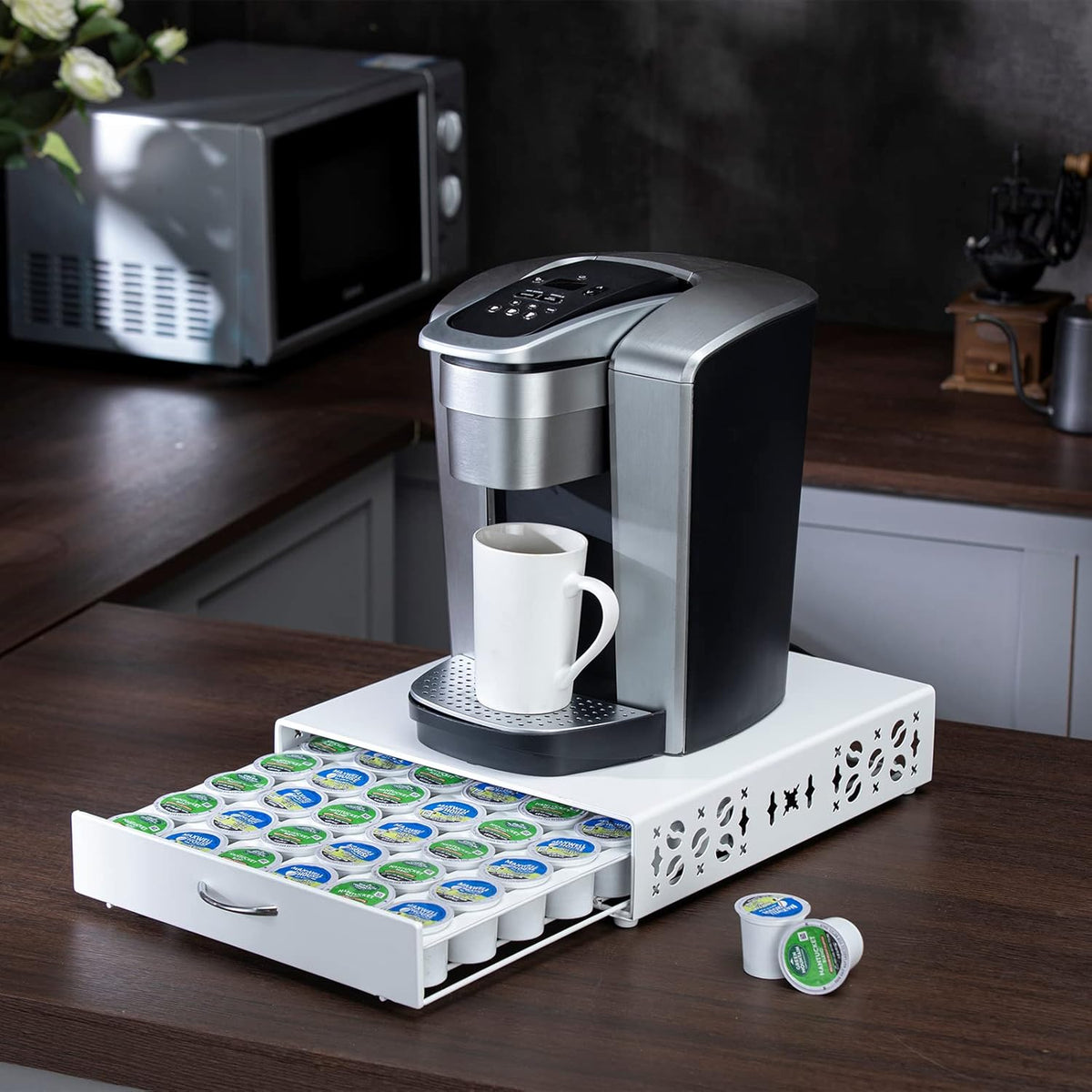 Rice rat Coffee Pod Holder for Keurig Pods iron Top Drawer,K Cup Holder Capsule Display Storage compatibility 42 k-cup Pods (white)