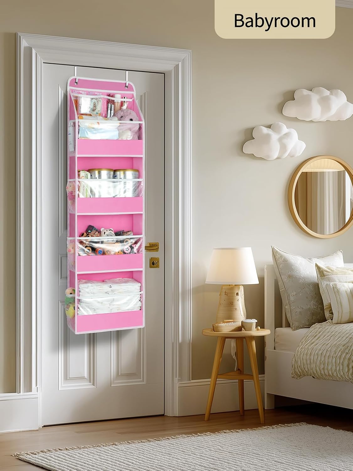 Yecaye 5 Tier 2Pc Over the Door Organizer, Swing-proof Door Organizer Hanging with Clear PVC Windows, Behind the Door Storage for Bedroom Nursery Closet Laundry Pantry Bathroom, Bubblegum Pink