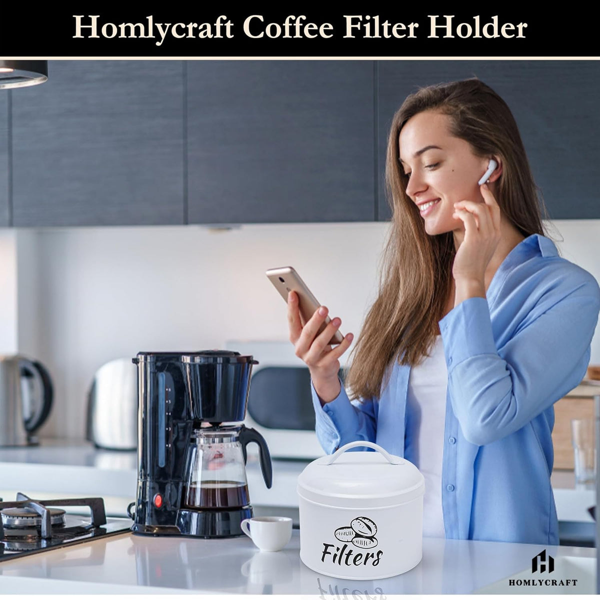 Coffee Filter Holder with Metal Lid – Coffee Filter Container for Countertop – Modern Organizer for Cone Filters – Coffe Bar Accessory for Kitchen Decor (white)