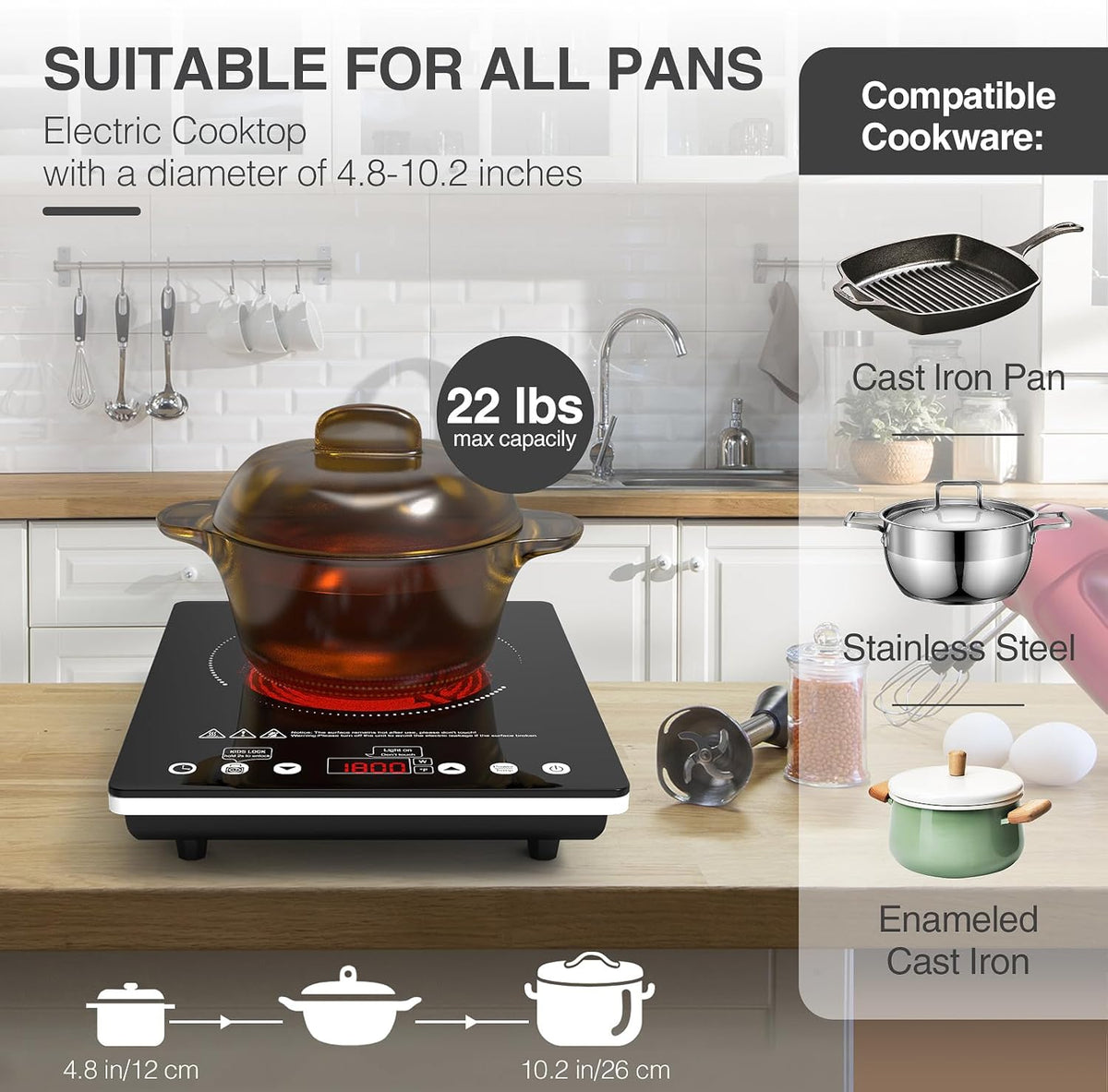 Electric Cooktop 12 Inch,Single Burner Plug in Portable 110V Electric Cooktop, Countertop Ceramic Stove Top with Power Levels and Overheat Protection