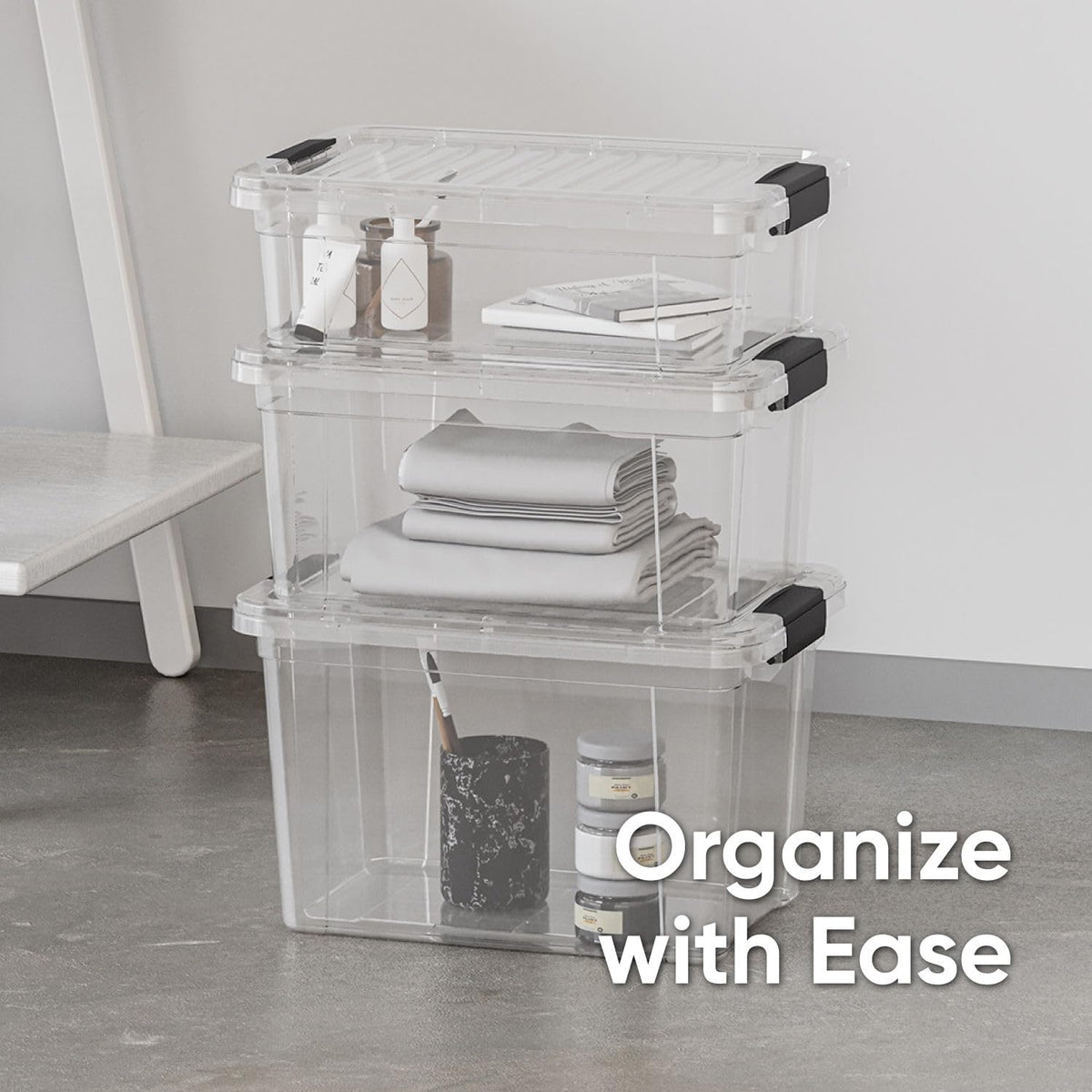 Superio Storage Bins with Lids- 4 Pack, 7.4 Qt Clear Boxes for Organizing, Stackable Plastic Containers- BPA Free, Non-Toxic, Odor Free, Organizer for Home, Office, Dorm