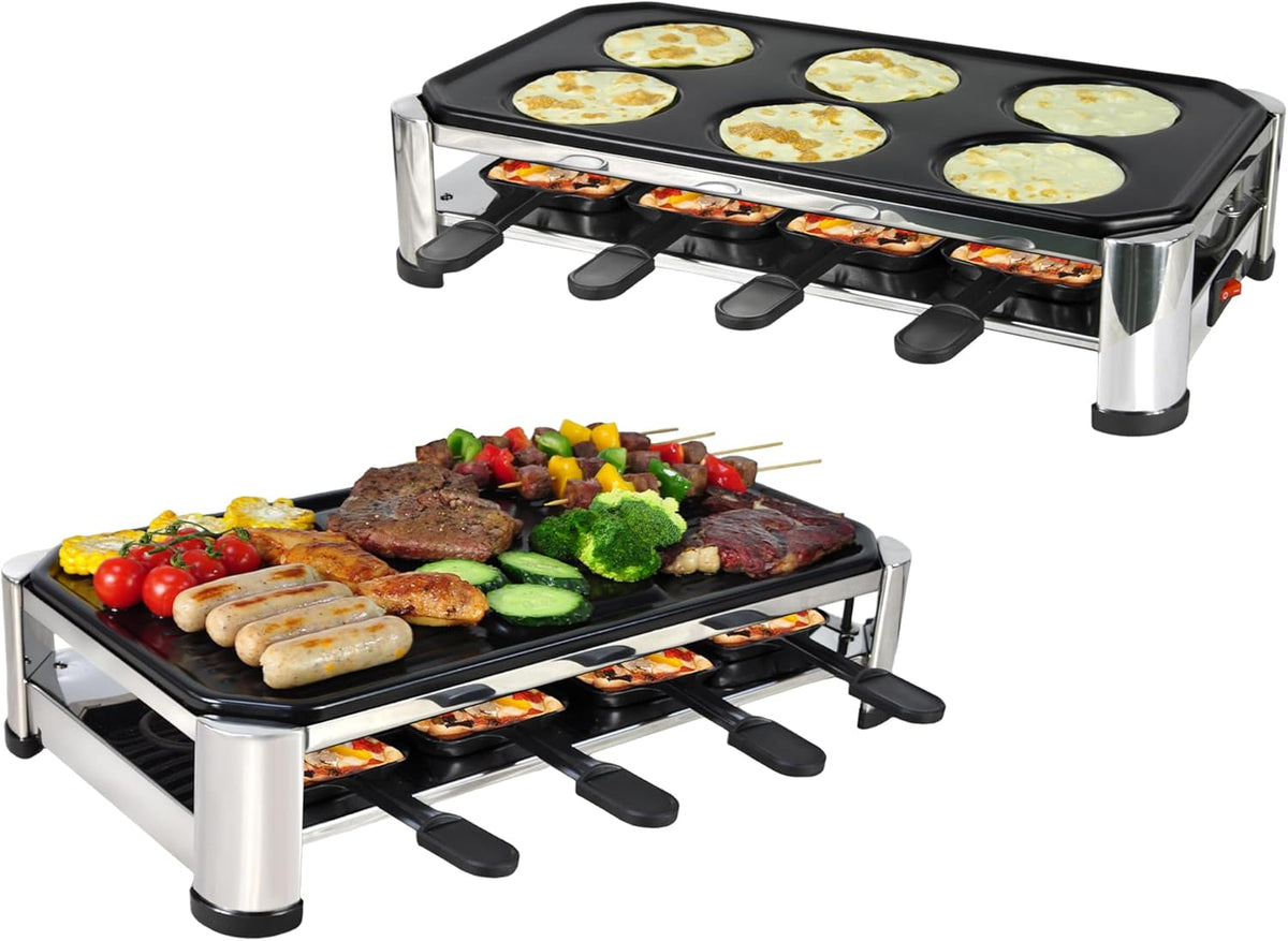 TAMARIT 8-Person Raclette Grill, Electric Party Grill with Nonstick grill & crepe Plates, 8 Pans & Spatulas, 1500W (Indoor), Stainless Steel