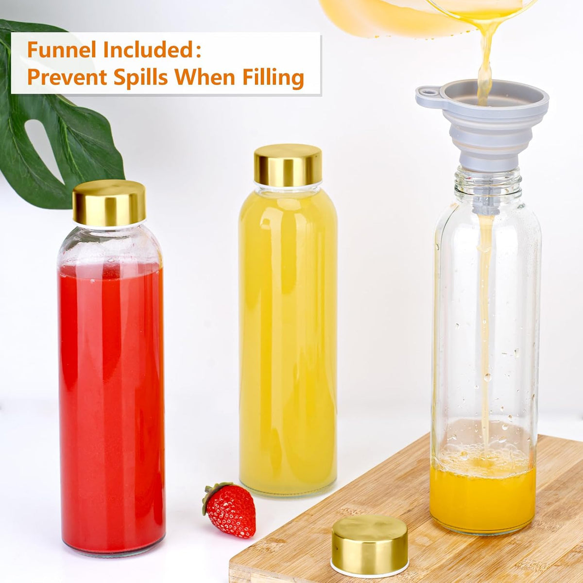 Zukro Glass Water Bottles with Gold Lids 18 oz, Reusable Clear Glass Juice Bottles Stainless Steel Airtight Cap for Juicing, 100% Leak Proof Juice Drinking Jar for Refrigerator, BPA Free, Set of 3