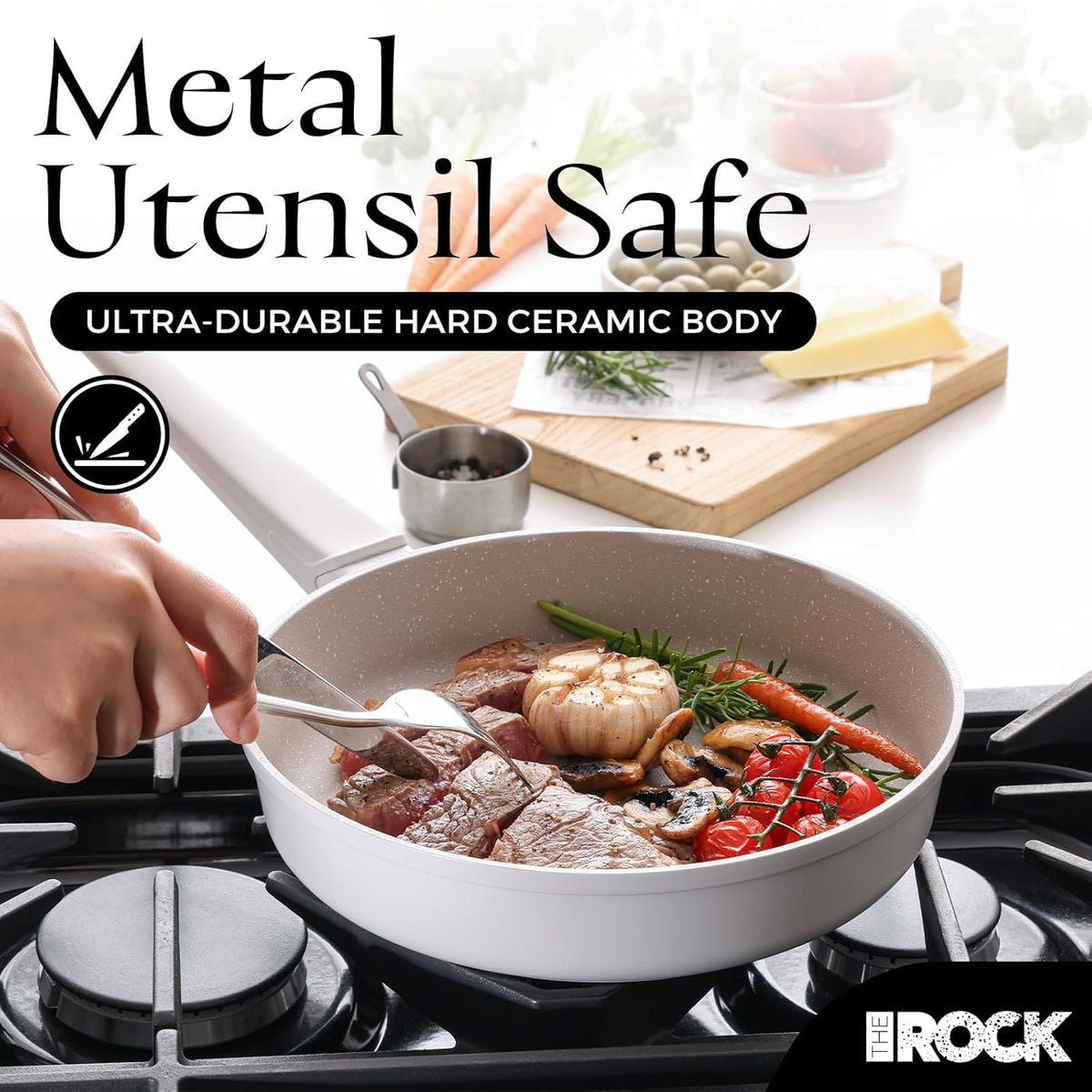 THE ROCK SOHO 9.5-Inch Non Stick Frying Pan with Lid–Nothing Sticks, Never Warps, Lasts Longer, Ceramic Non Toxic Skillet with Heat-Resistant Handle, PTFE PFOA&PFAS Free, Oven & Dishwasher Safe, Cream