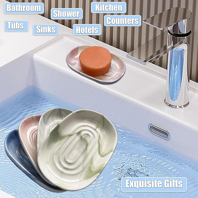 Soap Dish Ceramic, Decorative Ceramic Soap Holder with Unique Marble Textures, Bar Soap Holder for Shower, Bathroom, Kitchen, Tubs, Sink, Hotels, Counters (Gray Texture)