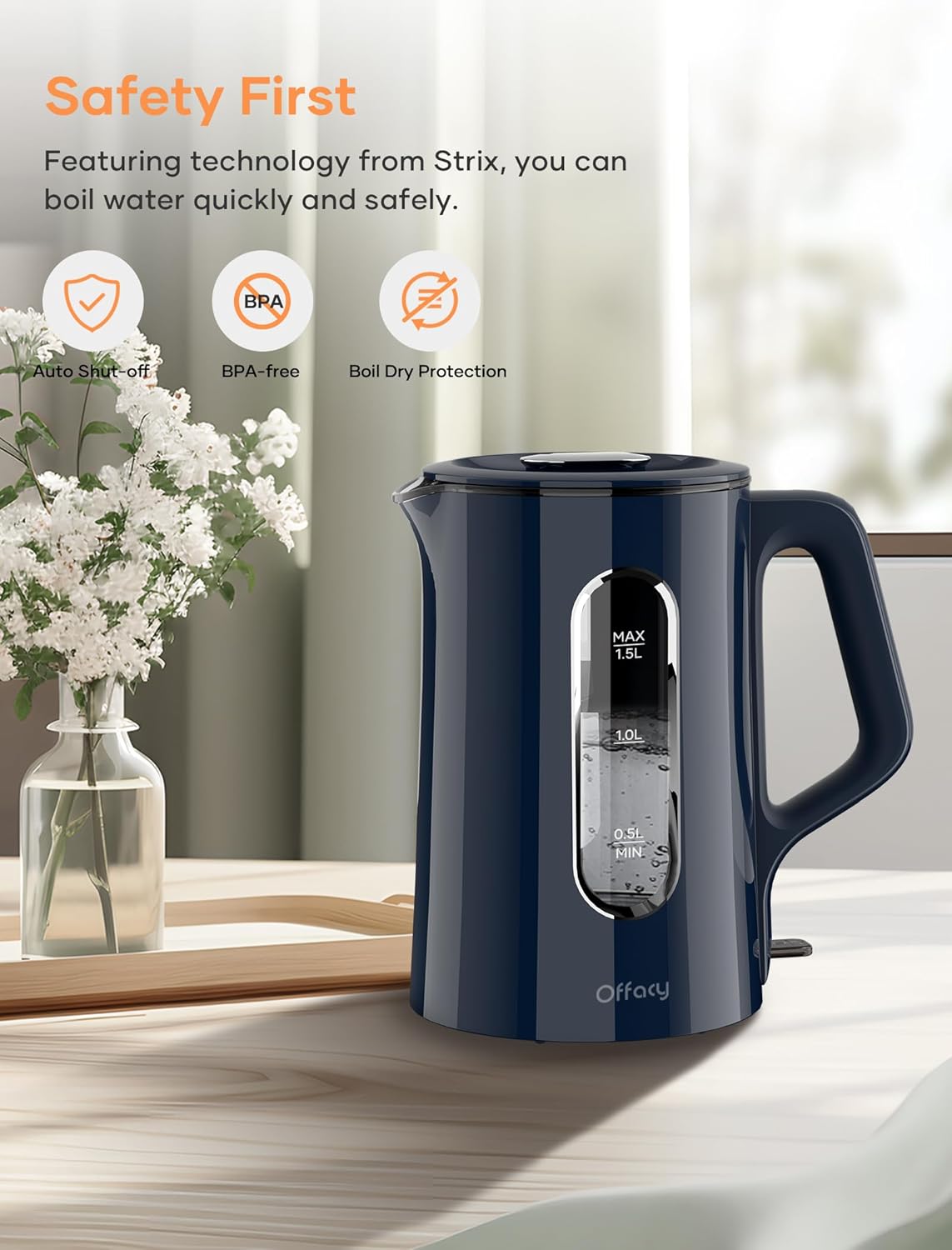 Offacy Electric Kettle, Tea Kettle Pot, Double Wall Glass Inner 1.5L/1200W, Hot Water Kettle Teapot Boiler & Heater with Automatic Shut Off, BPA-Free & LED Indicator Lights (Navy Blue)