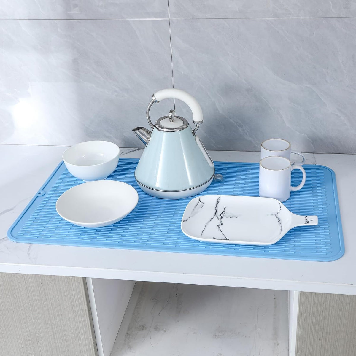 Silicone Dish Drying Mat for Multiple Usage,Easy clean,Eco-friendly,Heat-resistant Silicone Mat for Kitchen Counter or Sink,Refrigerator or Drawer Liner Light Blue 3XL 28 inches x 18 inches