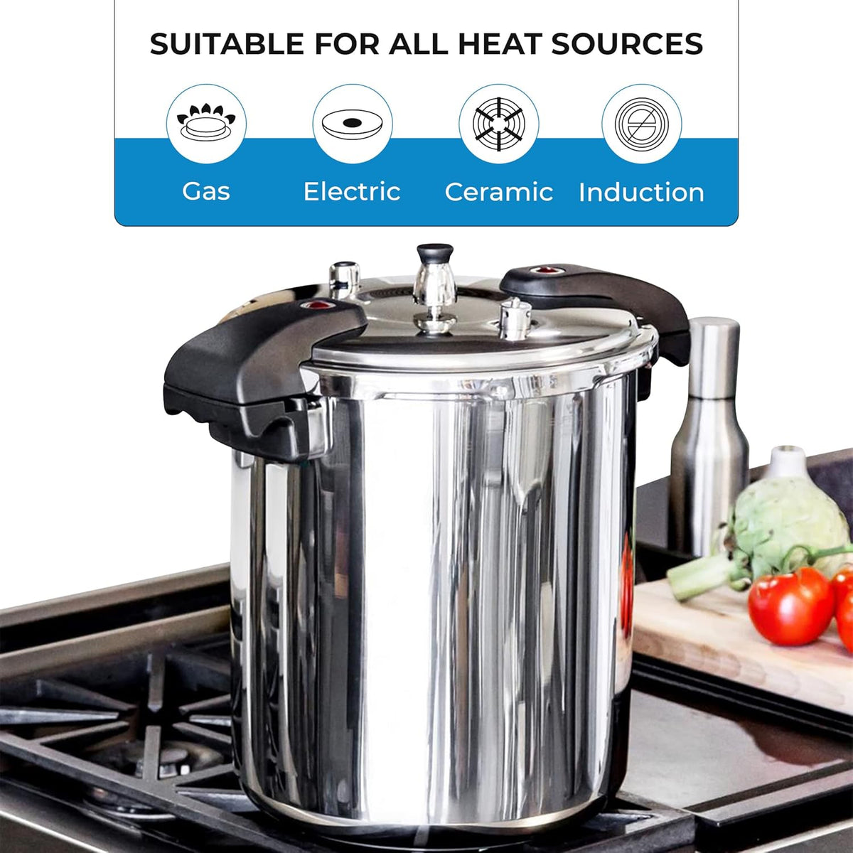 Buffalo Pressure Cooker 21 Qt Stainless Steel - Large Canning Pot with Lid for Home, Commercial Use - Easy to Clean Any Stove Top Pressure Canner, Can Cooker - SG Certificate QCP420