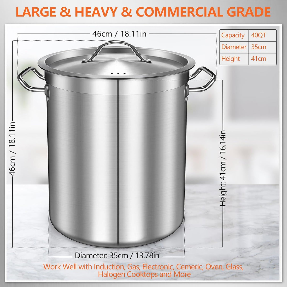 Large Stock Pot with Lid - 40 Quart Stainless Steel Cookware, 10 Gallon Heavy Duty Soup Pot, Big Pots for Cooking, Compatible Induction & Oven