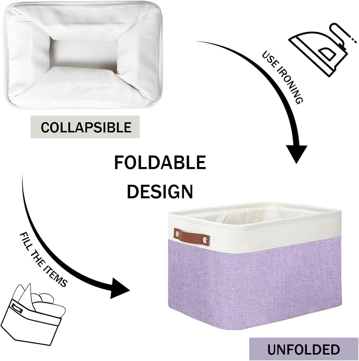 DULLEMELO Storage Baskets for Organizing, Shelves,Bedroom, Decorative Storage Bins with Leather Handles, Fabric Storage Basket for Office, Toys(3-Pack, White&Purple)