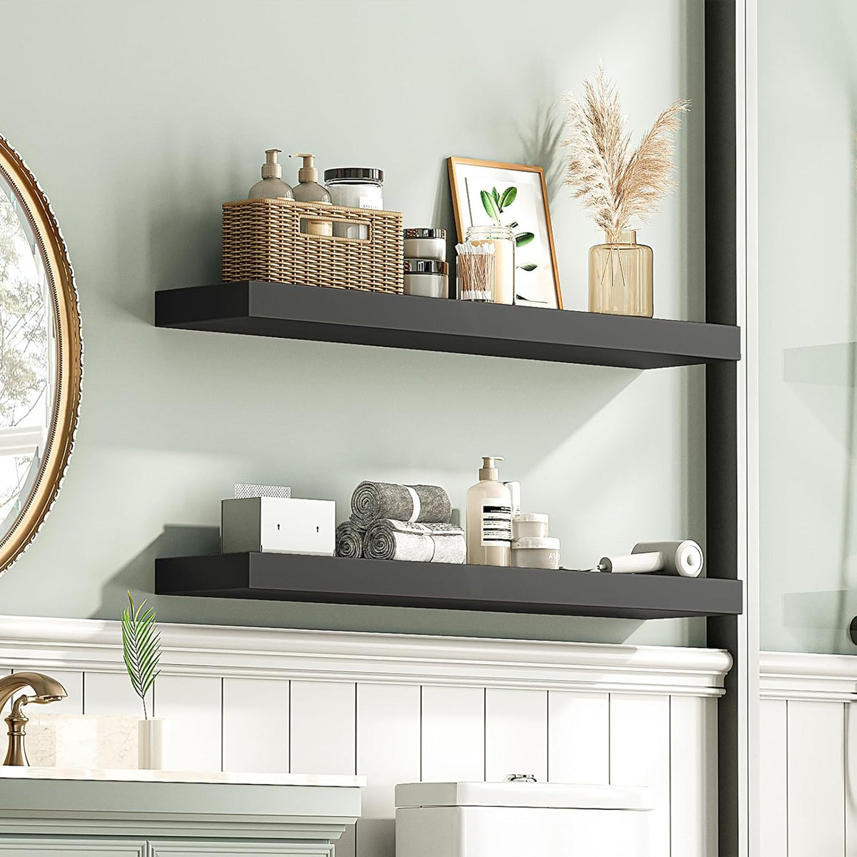 HOOBRO Floating Shelves for Wall, Wall Mounted Shelf Set of 2, 31.5" Hanging Shelf with Invisible Brackets, for Wall in Bathroom, Bedroom, Toilet, Kitchen, Living Room, Office, Black BK80BJP201