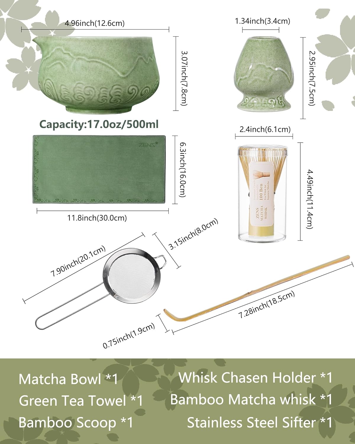 ZENS Matcha Whisk Set, 15oz Ceramic Matcha Set Includes Matcha Bowl, Bamboo Whisk & Chasen Holder, Sifter, Scoop & Tea Towel, 6pcs Matcha Kit for Matcha Latte, Emerald Green