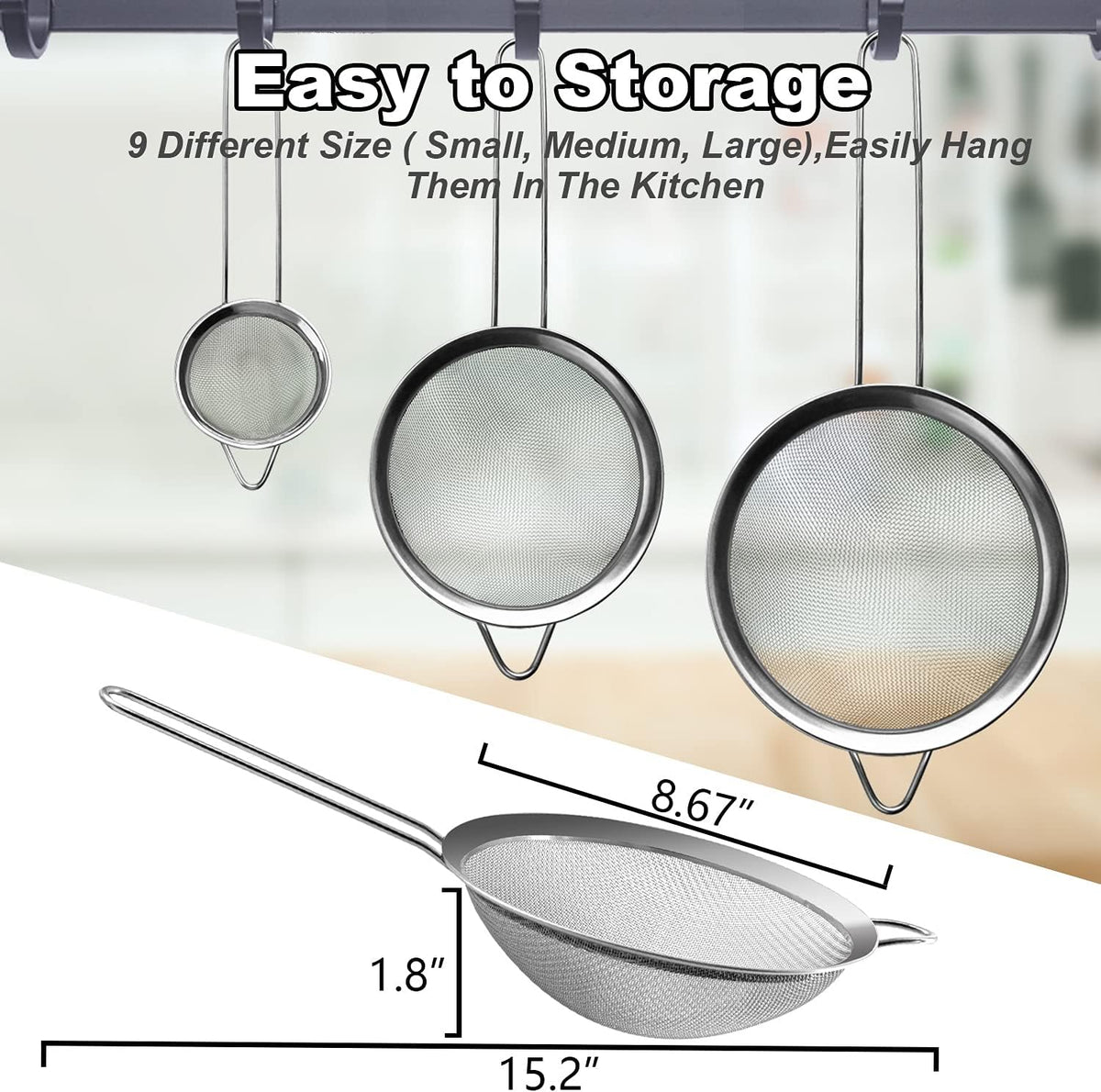 Anaeat Fine Mesh Strainers - Premium Stainless Steel Colander Sieve Sifters, with Durable Mesh and Sturdy Handle, Excellent for Sifting Dry ingredients, Flour, Pastas, Rice, Tea (8.67")