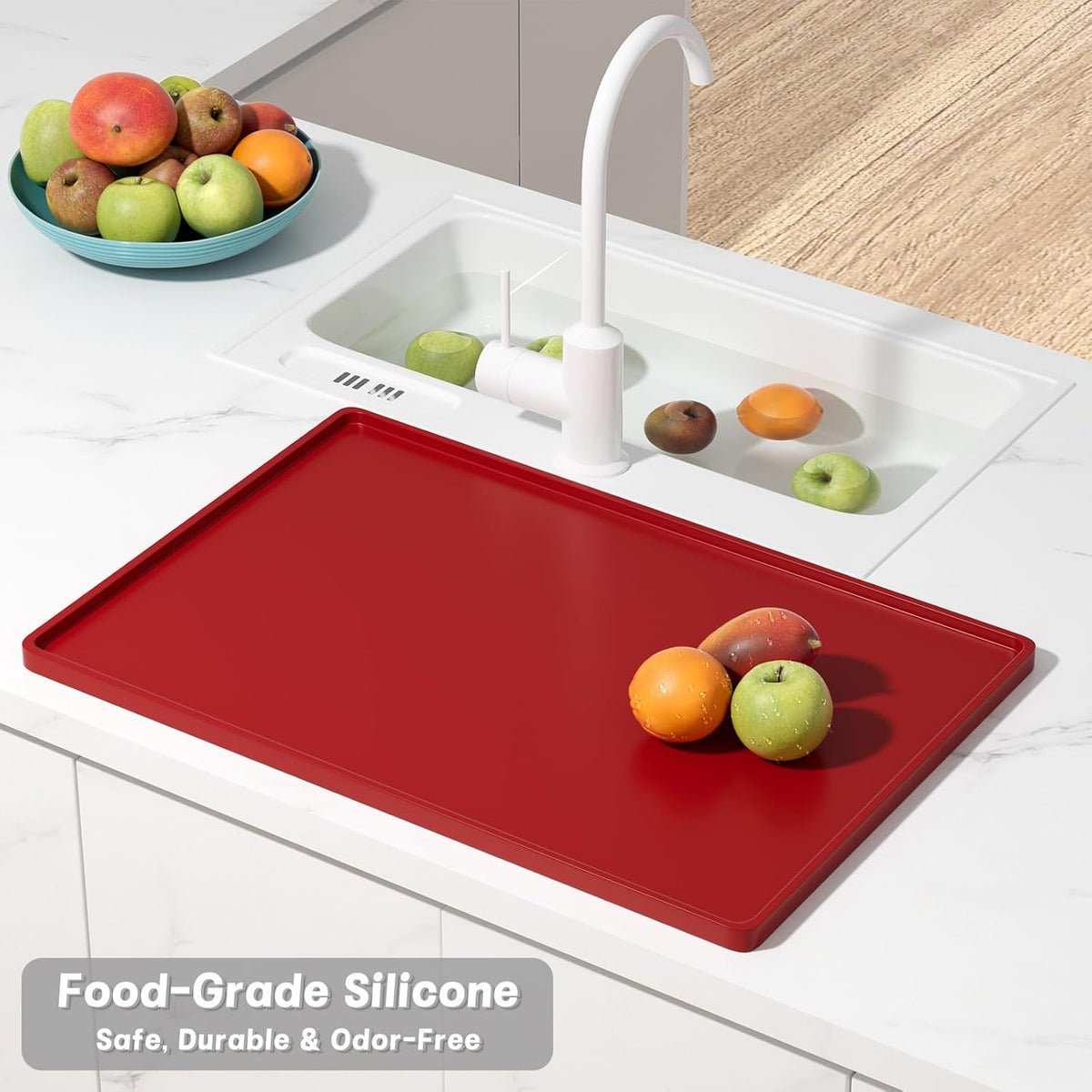 Rnivvi Silicone Coffee Mat, 12" x 19" Waterproof Raised Edge Coffee Bar Mats for Espresso Machine Station Accessories, Heat Resistant Dish Drying Pad for Kitchen Counter, Rubber Bar Decor Pad, Red