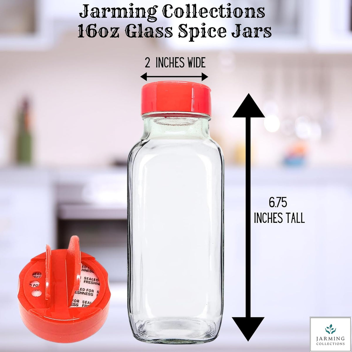 JARMING COLLECTIONS Glass Spice Jars with Shaker Lids - Spice Jars 16 oz for Food Storage, Spice Containers for Kitchen Organization, Organizing Bottles for Spices (French Square Red - 2pack)
