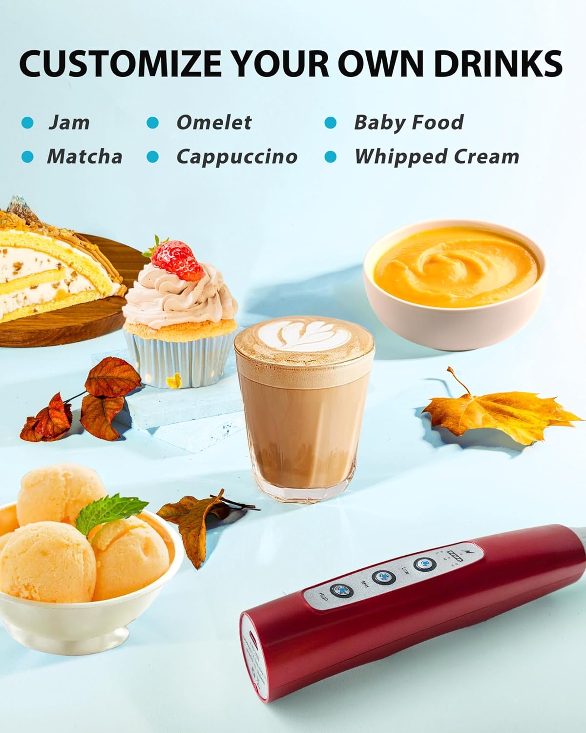 Milk Frother Rechargeable Handheld-Electric Whisk 3 Speed Adjustable, Frother Wand Coffee with 3 Stainless Whisks, Electric Foam Maker, Drink Mixer Blender for Latte Cappuccino Matcha Egg