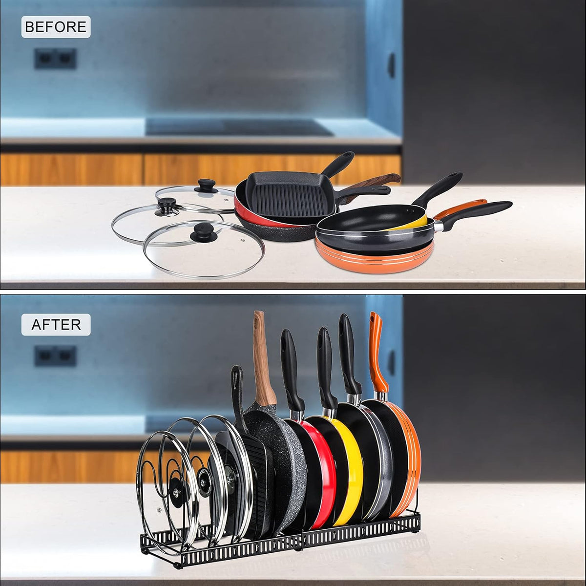 Toplife Pots and Pans Organizer Rack for Cabinet and Countertop, 10+ Pot Lids, Bakeware and Cookware Holder with 10 Adjustable Compartments - Black
