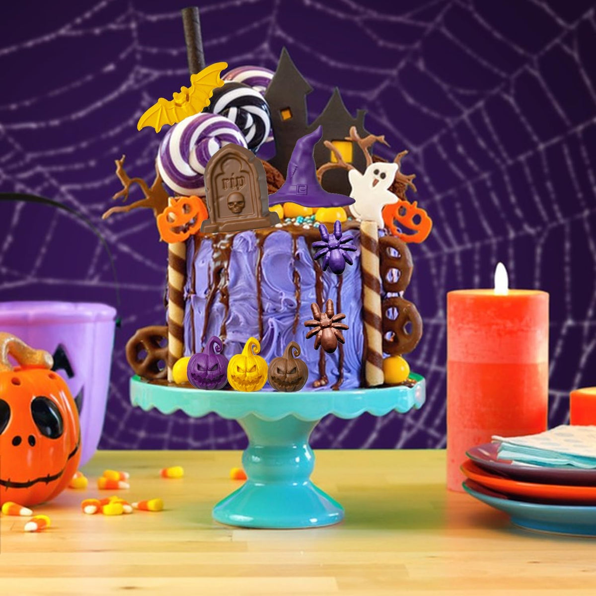 Halloween Chocolate Mold Silicone,30 Cavity Candy Gummy Mold with Pumpkin Wizard Hat Bat Spider Tombstone for Baking Chocolate Jelly Gummy Dessert