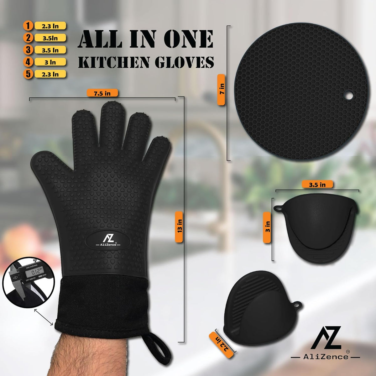 Silicone Smoker Oven Gloves & BBQ Set – Extreme Heat Resistant, Waterproof Oven Mitts, Mini Gloves, Hot Pads & Pot Holders for Cooking, Grilling, Baking & Fireworks, Extra Soft, Pack of 6. (Black)
