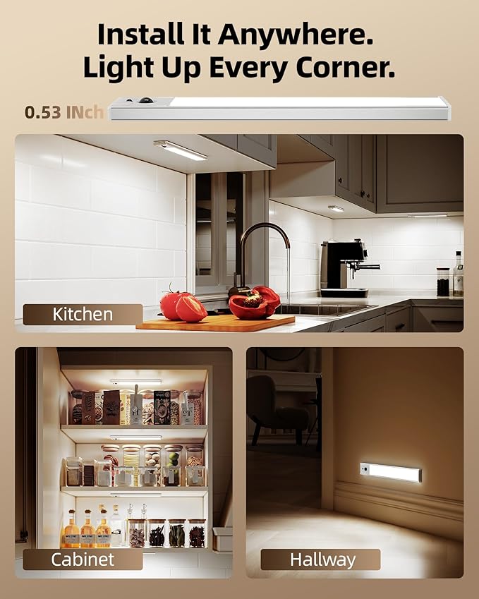 EZVALO 5 Pack Under Cabinet Lighting, 4000mAh Rechargeable Motion Sensor Light, 16.5inch Magnetic Closet Lights with Dimmable & 3 Color Temps, Wireless Motion Activated Lights with Remote for Kitchen