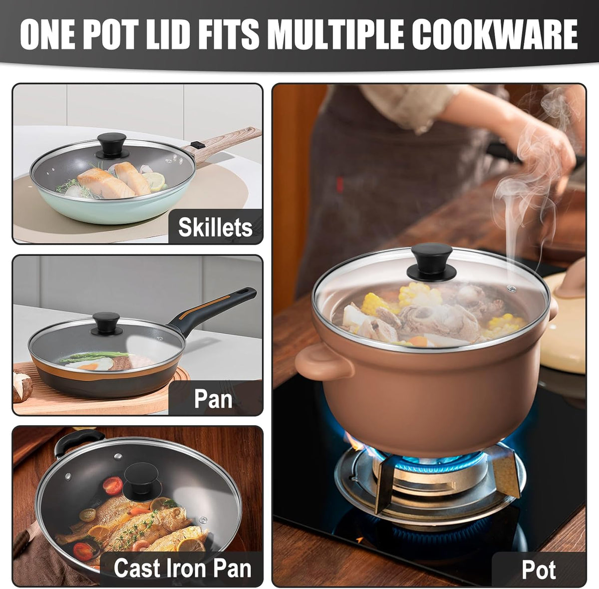 Pan Lid 8 Inch - Tempered Glass Pot Lid - Replacement Pan Cover for Cast Iron Skillets, Frying Pans, Pots and Wok, Heat Resistant Handle