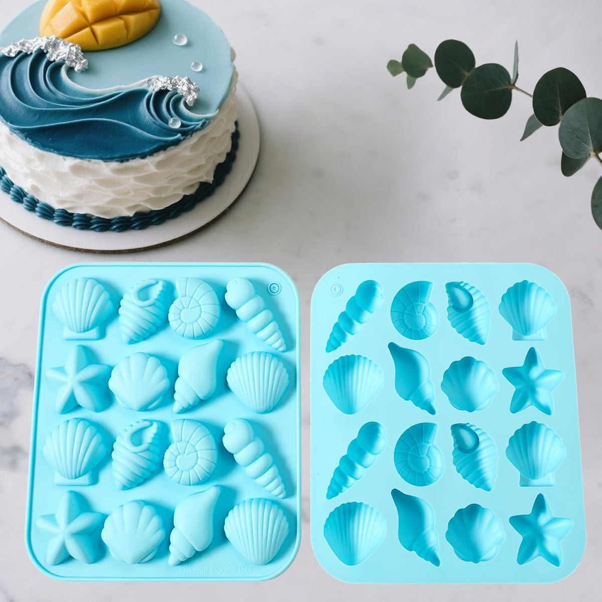 2-Pack Nordic Blue Seashell Silicone Molds for Chocolate Candy Baking Decorations