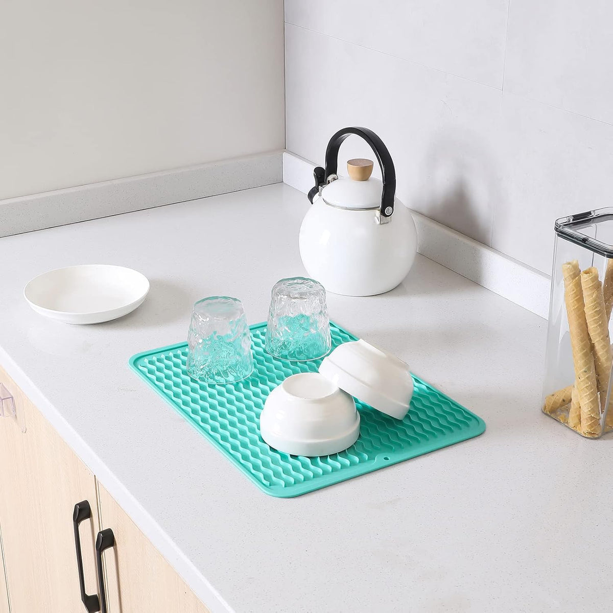 Silicone Dish Drying Mat for Multiple Usage,Easy clean,Eco-friendly,Heat-resistant Silicone Mat for Kitchen Counter or Sink,Refrigerator or drawer liner Mint L 16 inches x 12 inches