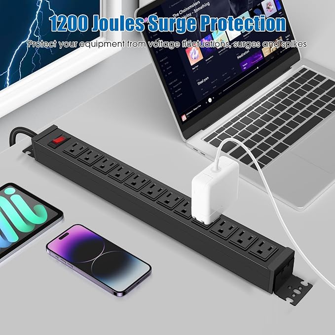 HHSOET Rotating Mountable Power Strip, 12 Outlet Wall Mount Surge Protector, Metal Heavy Duty and Versatile Outlet Strip, Stylish Appearance, Sturdy and Durable, 15ft Power Cord.(Black)