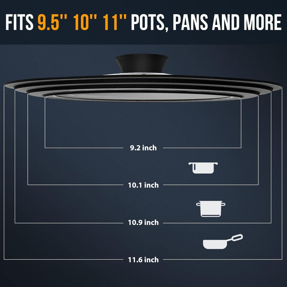 Universal Lid for Pots, Pans and Skillets - Tempered Glass with Heat Resistant Silicone Rim, Fits 9.5", 10" and 11" Diameter Cookware