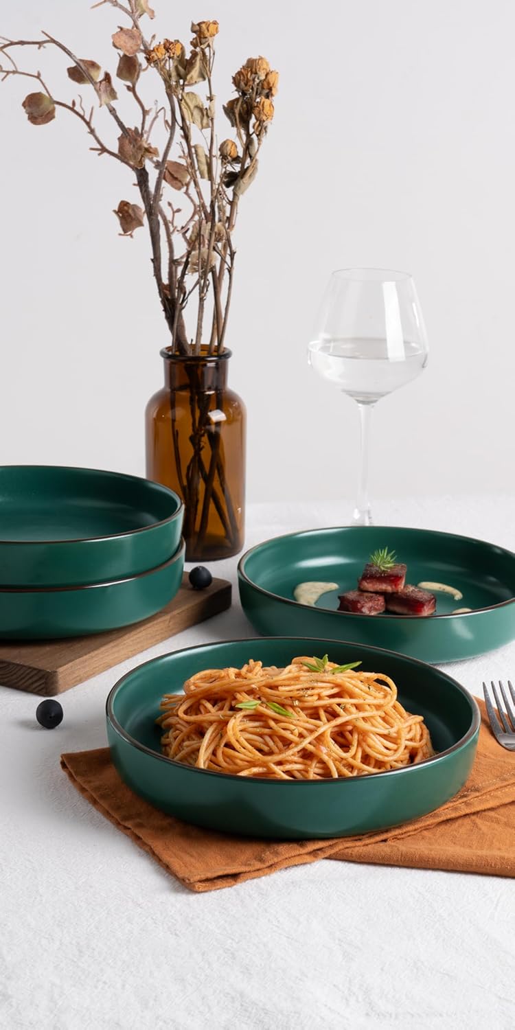 famiware Mercury Pasta Bowls Set of 4, 33 oz Large Salad Bowls, Stoneware Pasta Plates Bowls, Serving Bowls for Kitchen, Microwave & Dishwasher Safe, Dark Green