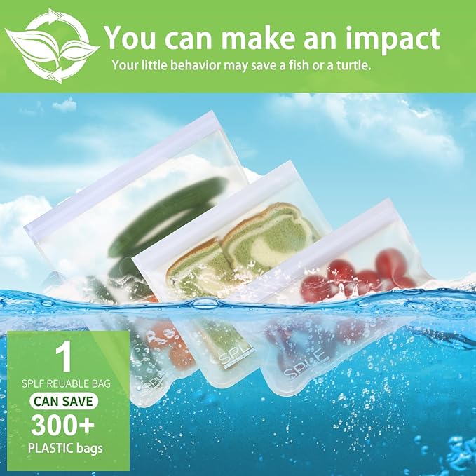 SPLF 12 Pack Dishwasher Safe Reusable Food Storage Bags (5 Sandwich 5 Snack 2 Gallon), BPA Free Freezer Bags Leakproof Silicone and Plastic Free Lunch Bags Fridge Organization