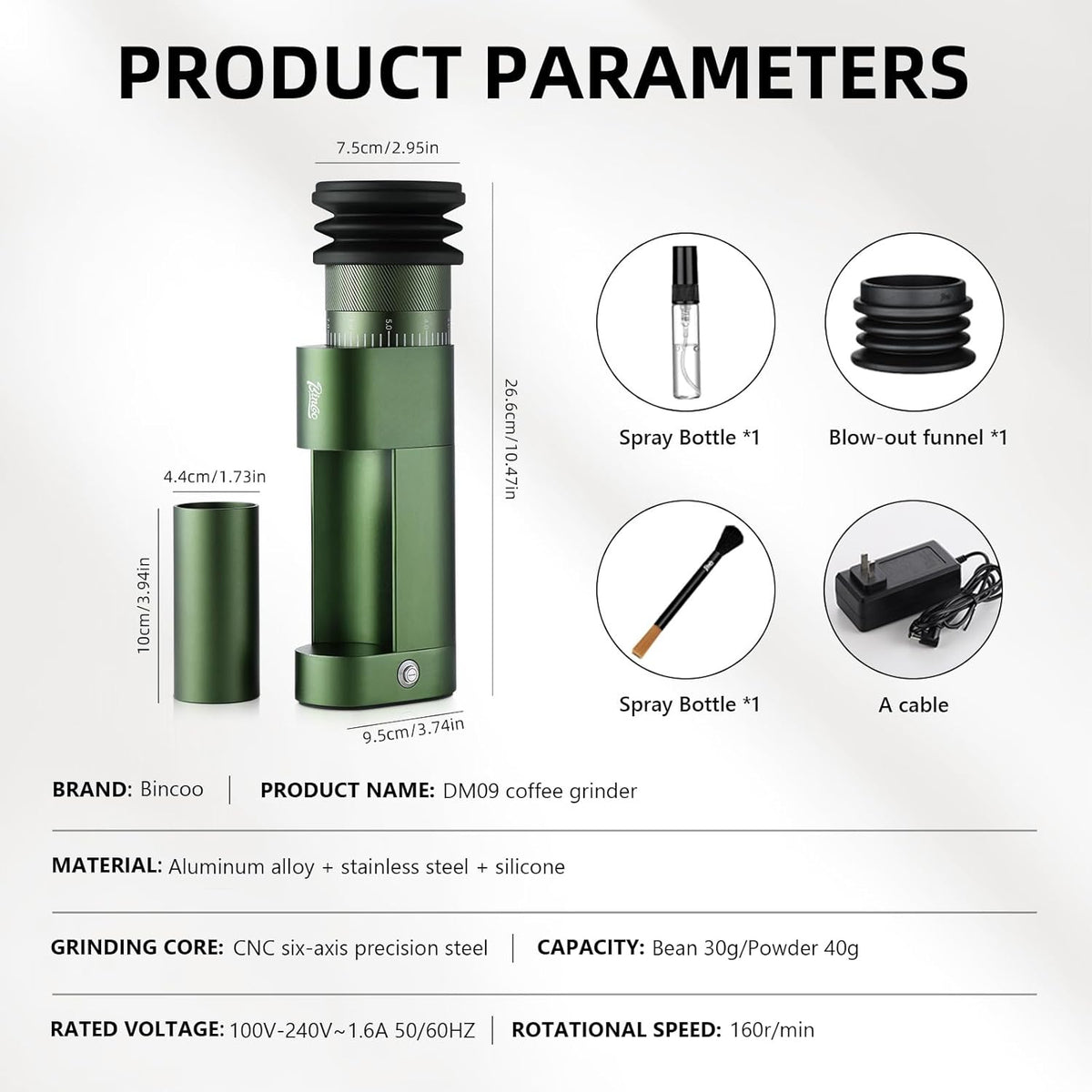 Bincoo DM09 Electric Coffee Grinder with CNC Steel Burr,Stepless Adjustable Settings Coffee Bean Grinder, Compact Design, Quiet Operation โ For Espresso,Pour Over,French Press(Green)
