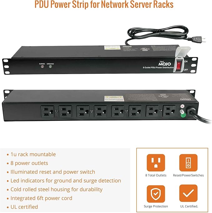 Tecmojo 1U Rack-Mount Horizontal 8-Outlet Power Strip UL Listed PDU with Surge Protection 6ft Cord Power Distribution for IT and Network Server Racks