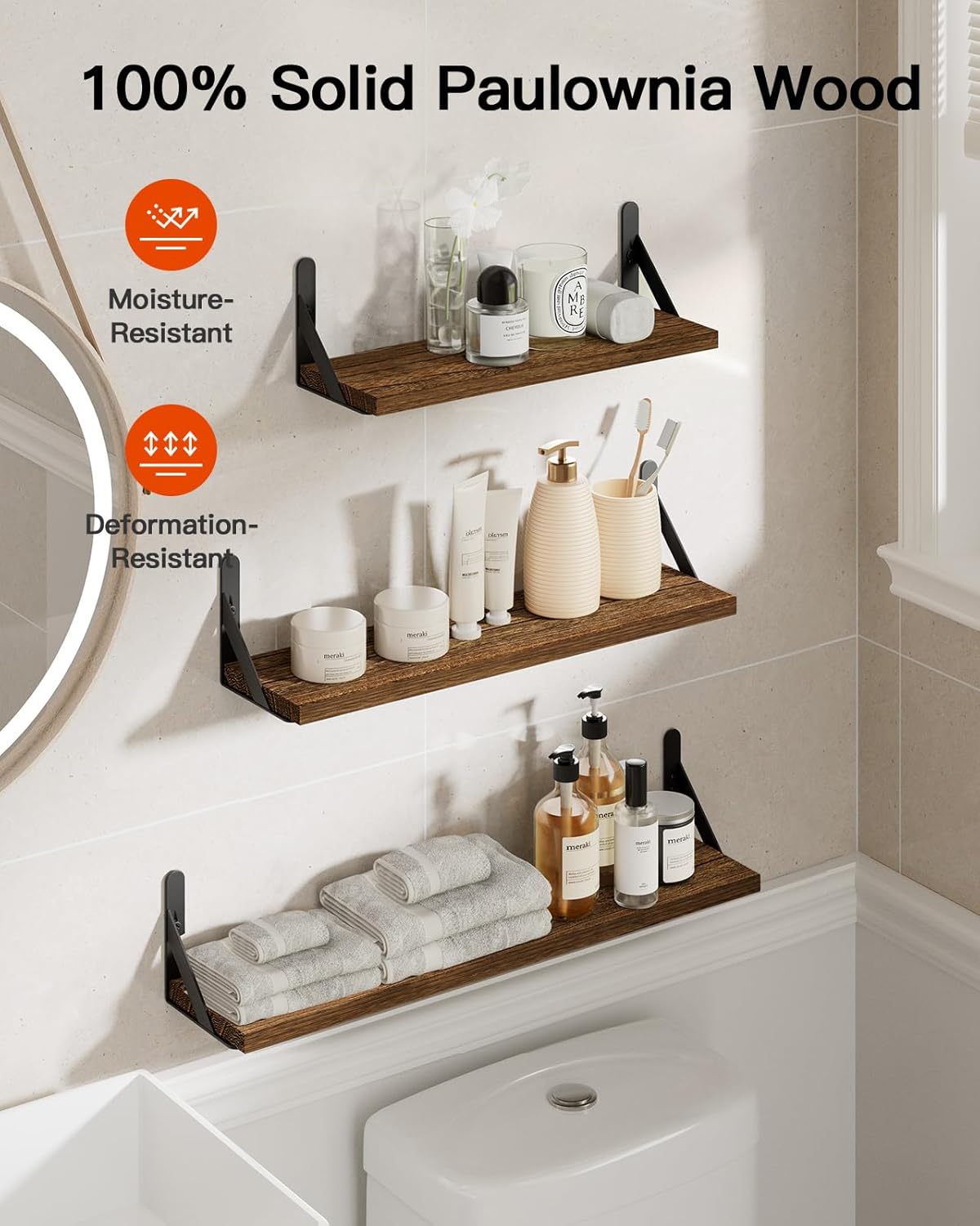 AMADA HOMEFURNISHING Long Wall Shelves, Rustic Farmhouse Floating Shelves for Bedroom, Bathroom & Living Room, Brown