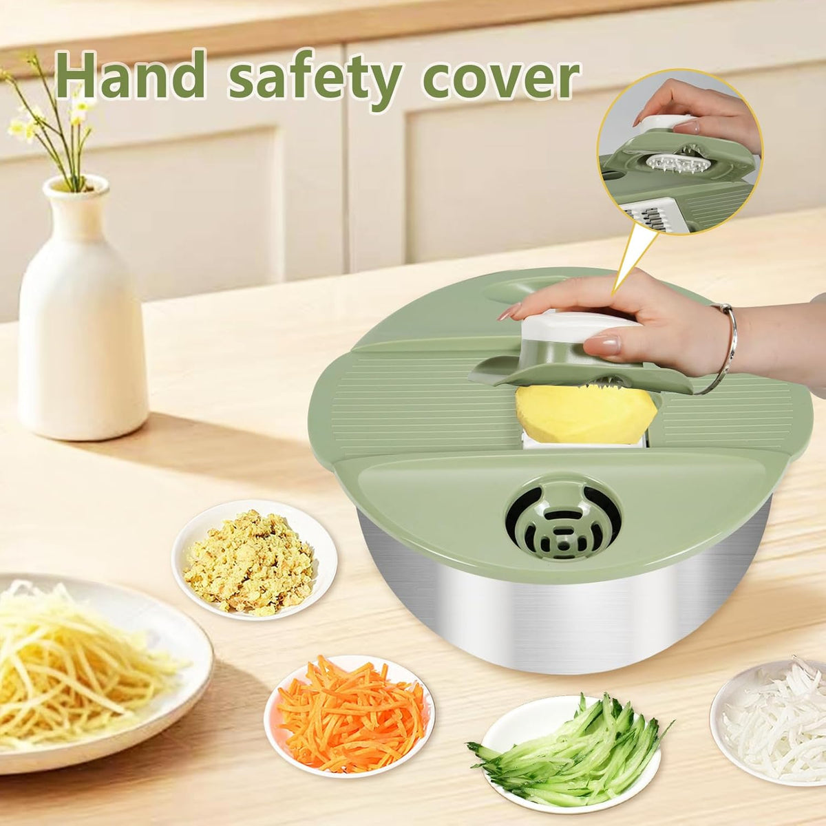 Stainless Steel Salad Spinner Large with 5 Blades Slicer, Lettuce Washer Spinner and Dryer, Vegetable Fruits Chopper Bowl, Egg Yolk Strainer Comes with Dipping Saucers and Clip, 5.3Qt