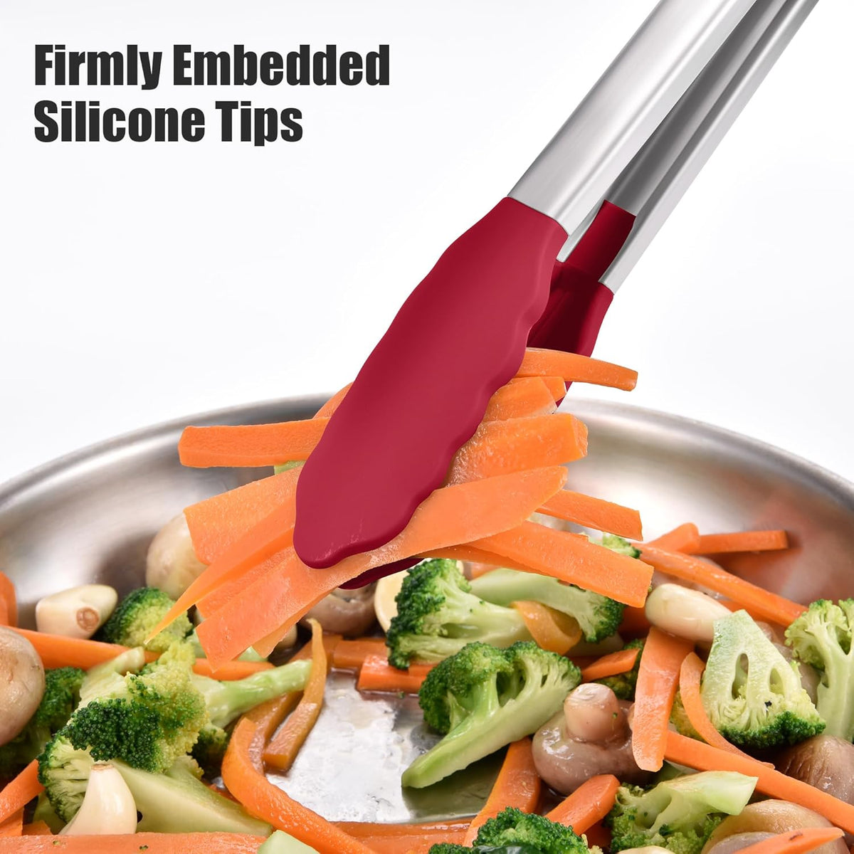Doosu Kitchen Tongs for Cooking - 600°F Heat Resistant Food Tong with Non-Scratch Silicone Tips, Heavy Duty Stainless Steel Locking Tong for BBQ, Grilling Steak, Serving Salad, Pasta (16in, Red)