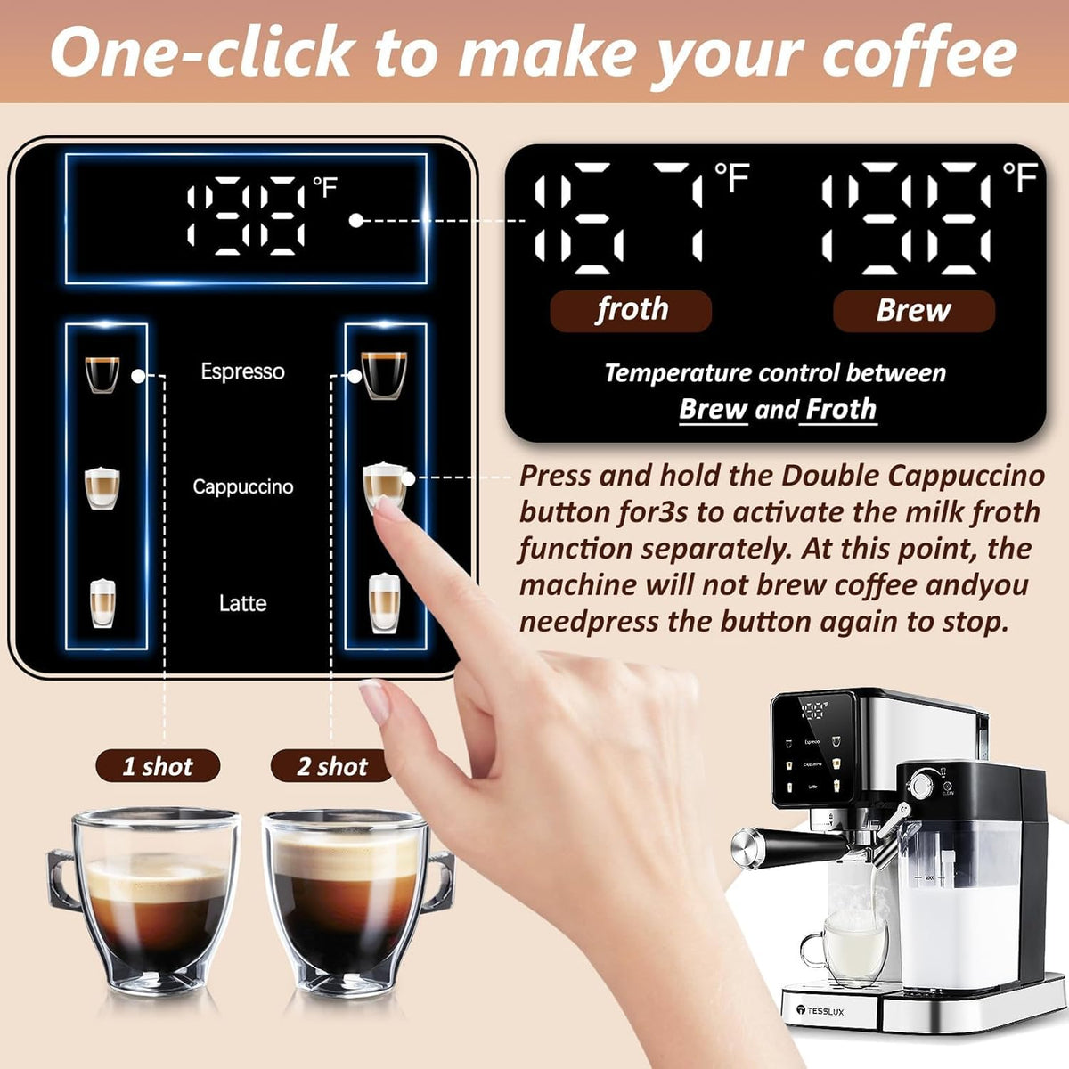Espresso and Cappuccino Machine, 20 Bar Dual Boiler Latte Maker with Touch Control & Digital Temperature Display, Compact Coffee Machine for Home, Automatic Milk Frother