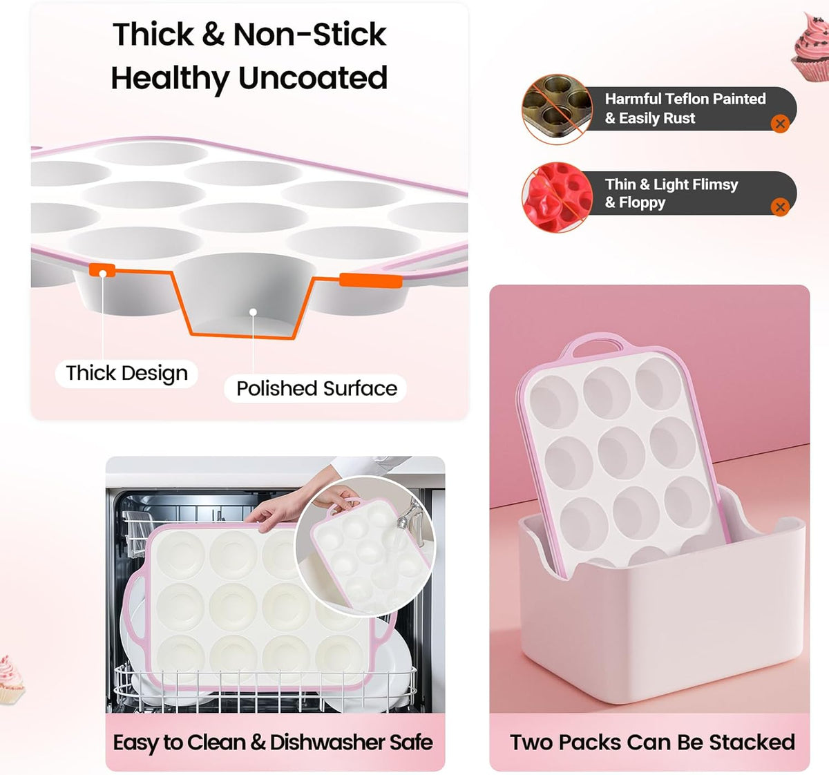 Silicone Muffin Pans for Baking 1 Pack, 2.6 Inch with Metal Reinforced Frame, Regular Size Nonstick Silicone Cupcake Pan for Baking Homemade Muffins, Cupcakes, Dishwasher Safe BPA Free-Pink