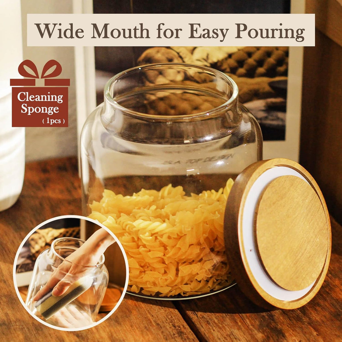 Labina Glass Storage Container Airtight Food Jars Kitchen Canister with Wood Lids, 54 Oz (1600ml) Wide Mouth Pantry Organization Glass Jar for Flour, Sugar, Cookie, Spagetti, Nuts and Candy