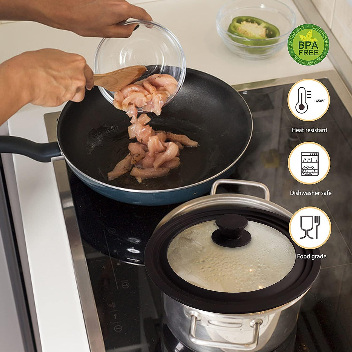 Universal Lid for Pots, Pans and Skillets, Pot Lid With Heat Resistant Silicone Rim and Tempered Glass, Fits 11", 12", 12.5" Diameter Pots and Pans