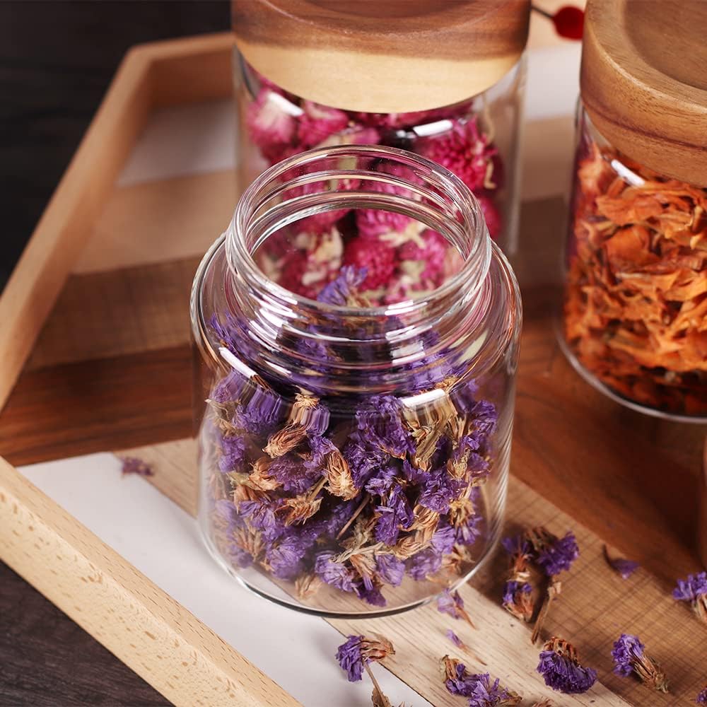 SAIOOL 3 Packs Glass Food Storage Jars with Screw Airtight Seal Acacia Wood Lids,Spice Jars with Lids, Organization for Jars Bottles Containers Travel Gear, Sugar, Salt,Coffee, cookies,spices